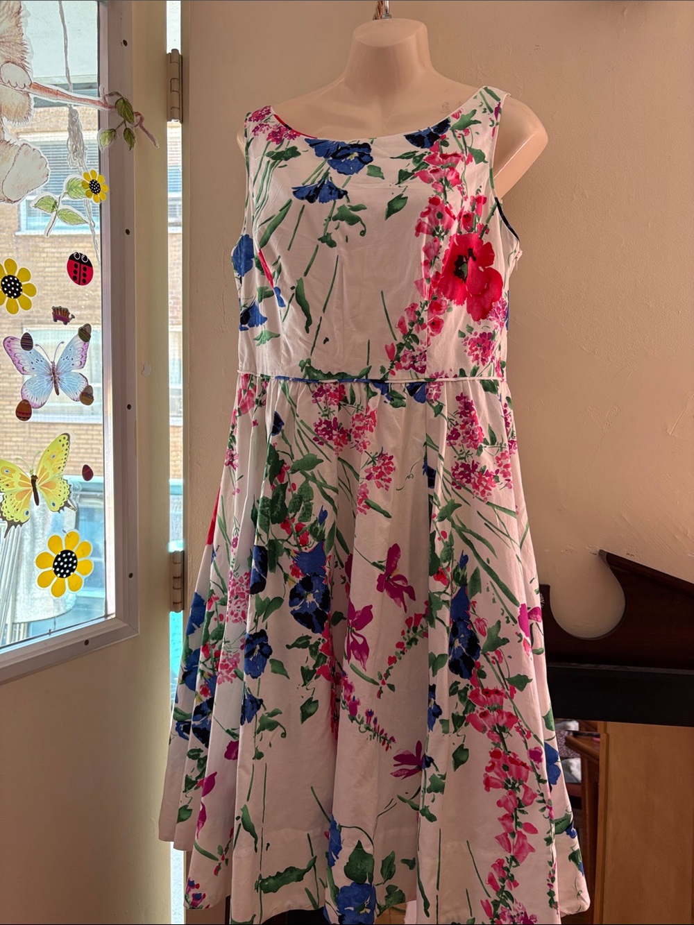 Monsoon White Floral Midi Dress with Blue, Pink & Green Blooms